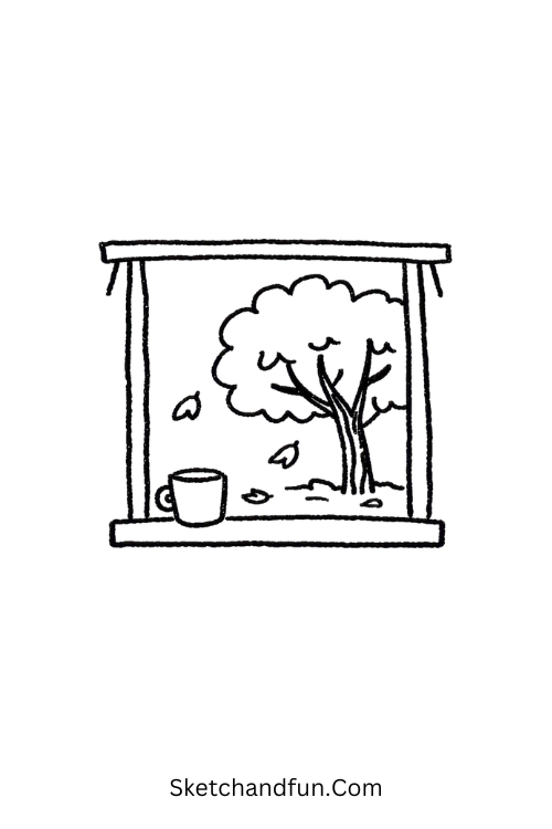 Autumn Window Drawing with an autumn tree and cozy mug