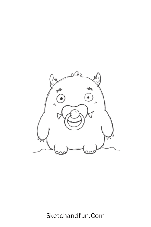 Baby monster with pacifier Halloween drawing and tiny fangs