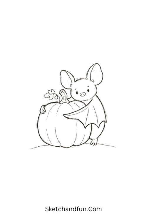 Bat hugging a pumpkin Halloween doodle drawing
