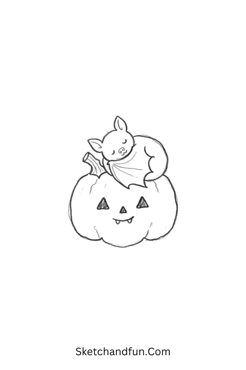 Bat Sitting On Pumpkin Drawing with a spooky pumpkin