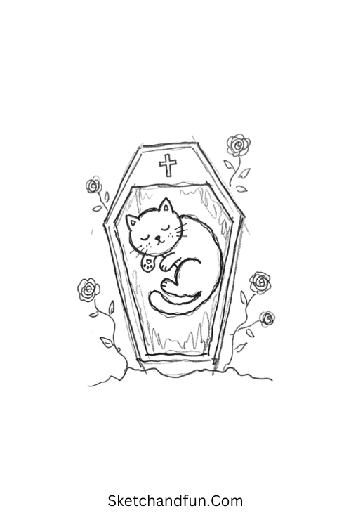 Black Cat Coffin Drawing with tiny gothic roses