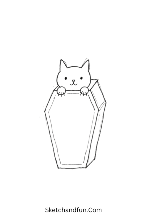 Black cat peeking from a coffin drawing