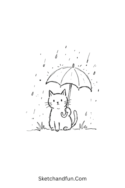 Black cat under an umbrella drawing