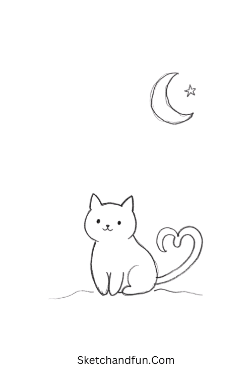 Black cat under crescent moon dark doodle drawing