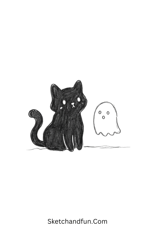 Black cat and tiny ghost drawing