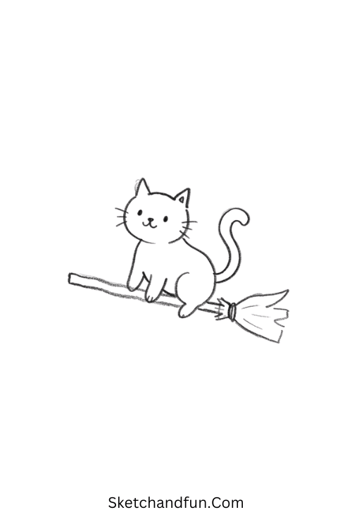 Black cat on a broomstick drawing
