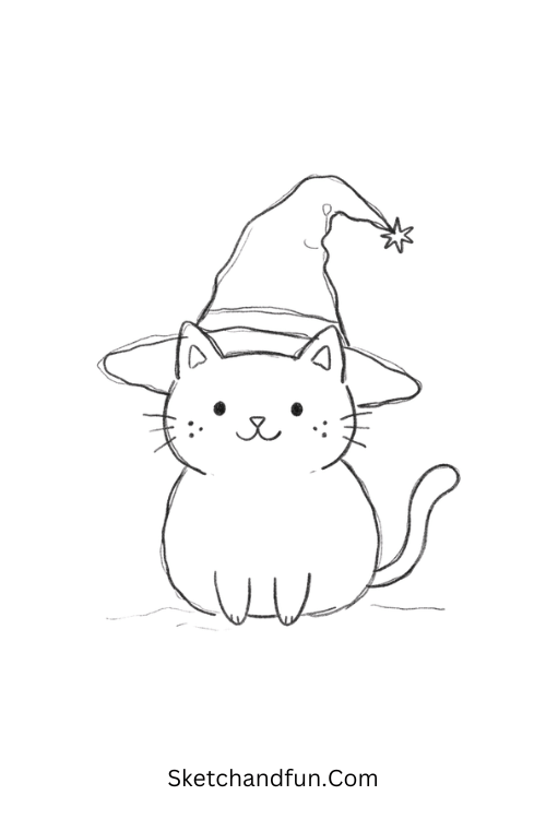 Black cat with witch hat drawing