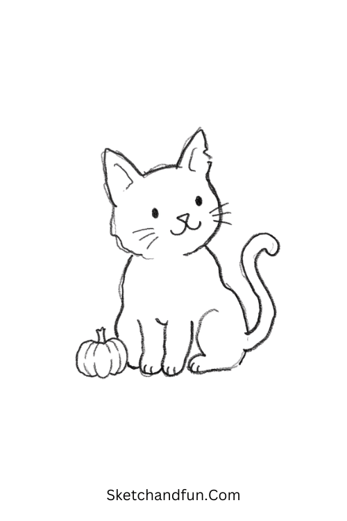 Black cat with a pumpkin Halloween doodle drawing