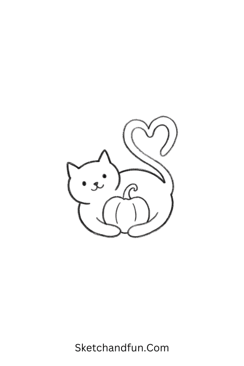 Black cat with a pumpkin tail drawing