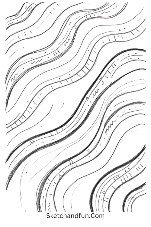 Black and white optical waves Zentangle abstract art drawing with bold curved bands and intricate lines
