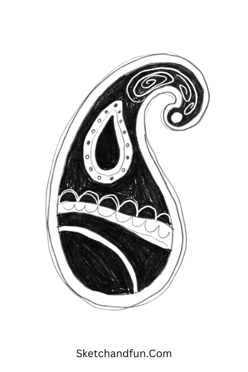 Black and white ornamental Zentangle paisley with bold sections, spirals, dots, and delicate lines