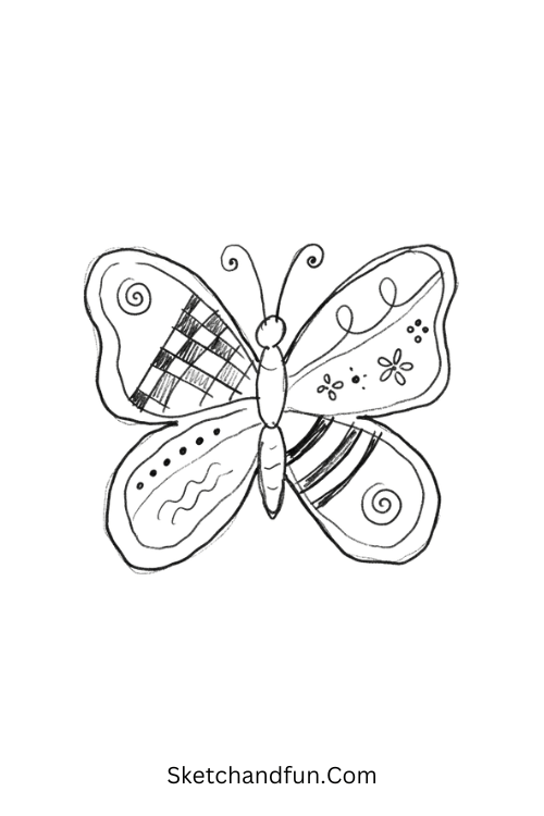 Black and white Zentangle butterfly with bold patterns, spirals, checkerboards, dots, and white space