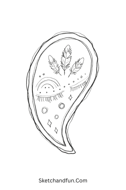 Boho Zentangle paisley pattern with feathers, arches, diamonds, dots, and decorative circles
