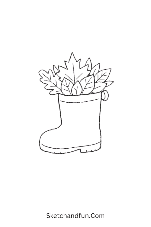 Boot Full of Leaves Drawing with autumn leaves and a pumpkin