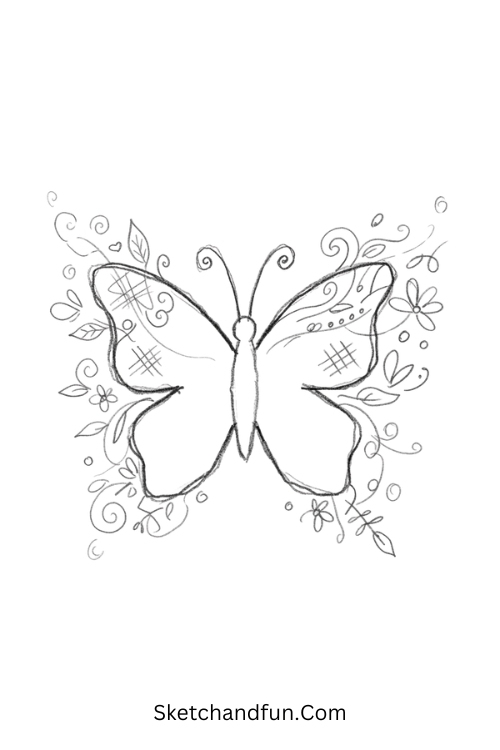 Zentangle butterfly emerging from flowing patterns with swirls, leaves, circles, petals, and geometric details