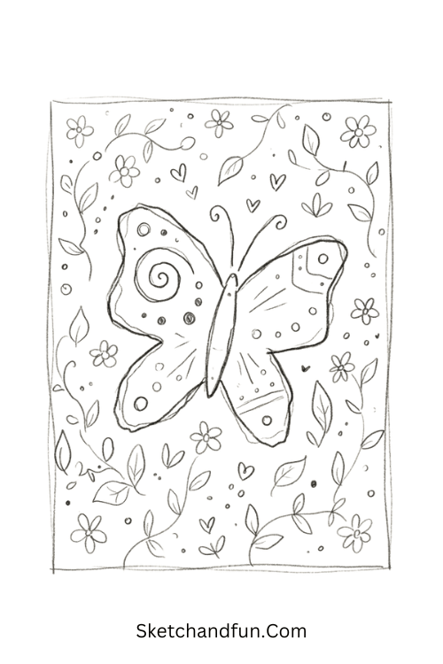 Butterfly garden Zentangle tile with patterned butterfly wings, flowers, leaves, vines, and intricate tangles