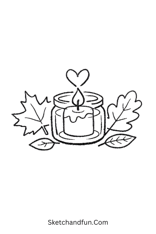 Candle and Leaves Drawing with a heart-shaped flame