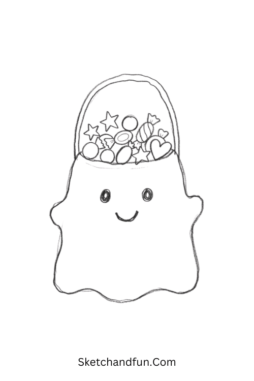 Candy bucket with a ghost face Halloween doodle drawing