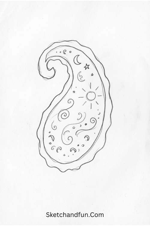 Celestial Zentangle paisley pattern with crescent moons, stars, sunbursts, swirls, and dots