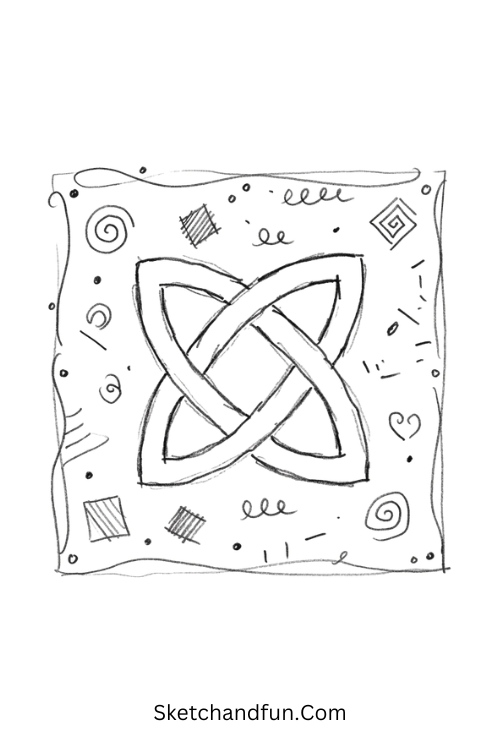Celtic knot Zentangle tile with an intricate interlocking knot, geometric patterns, dots, curves, and decorative borders