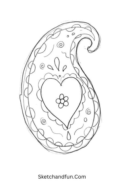 Classic Zentangle paisley pattern with scallops, spirals, teardrops, dots, and curved lines