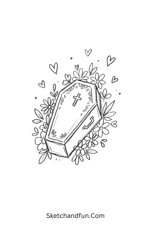Coffin With Flowers Drawing surrounded by gothic blooms