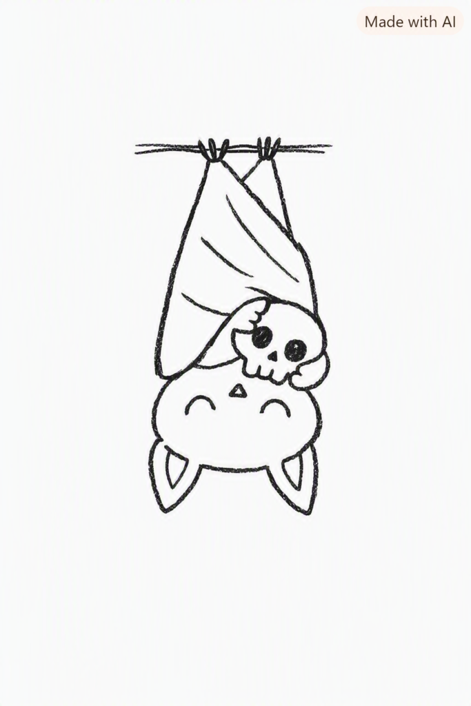 Bat with a tiny skull drawing in a cute and spooky doodle style