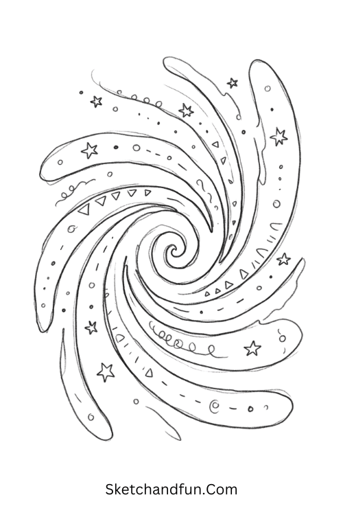 Cosmic swirl explosion Zentangle abstract art drawing with spirals, stars, circles, and flowing patterns