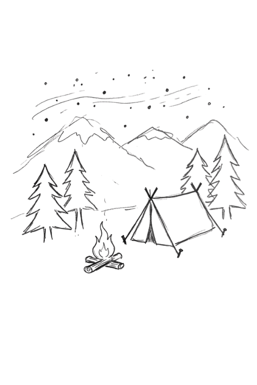 Cozy Campfire Mountain Scene Drawing