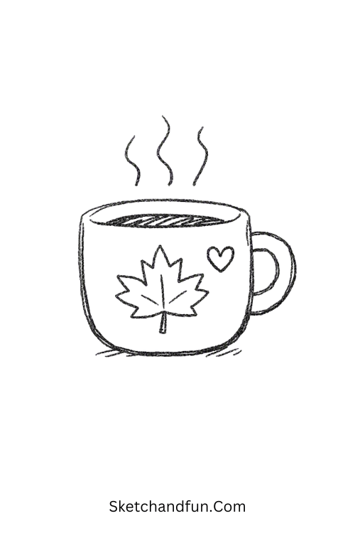Cozy fall mug drawing with steaming coffee and a maple leaf