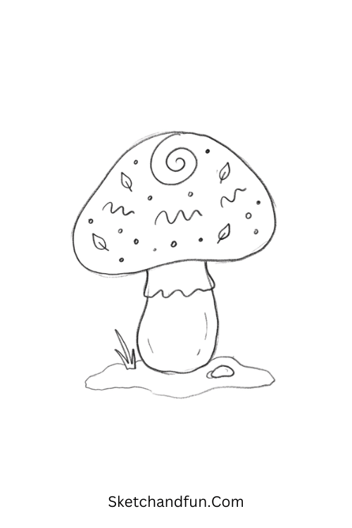 Cozy mushroom Zen doodle with swirls and dots