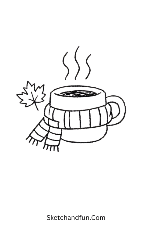 Cozy October Mug Drawing with steam, maple leaf, and striped scarf