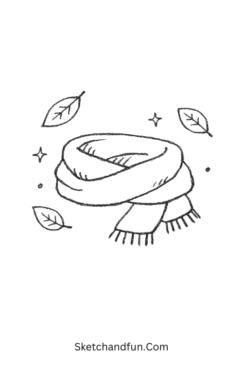 Cozy scarf and leaves drawing with simple autumn details