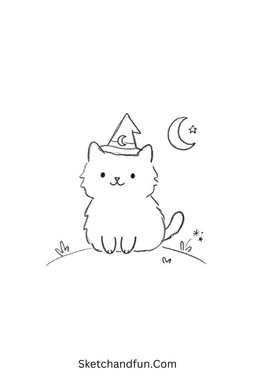 Cozy Witch Cat Drawing with a tiny witch hat and crescent moon