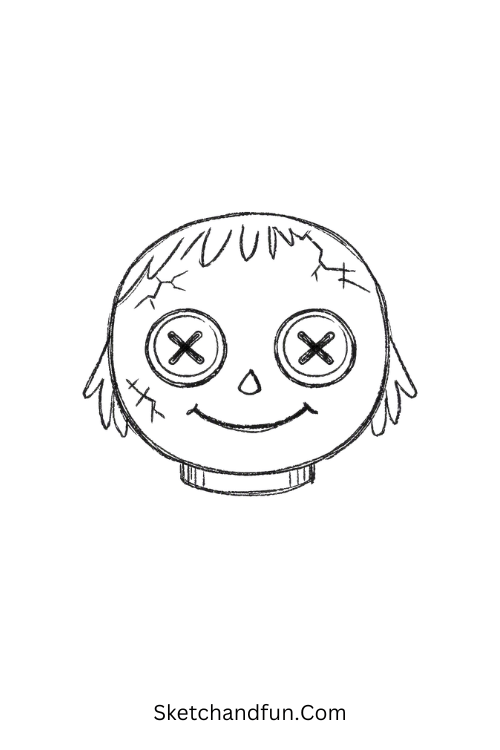 Creepy doll face drawing with button eyes, cracks, and eerie smile