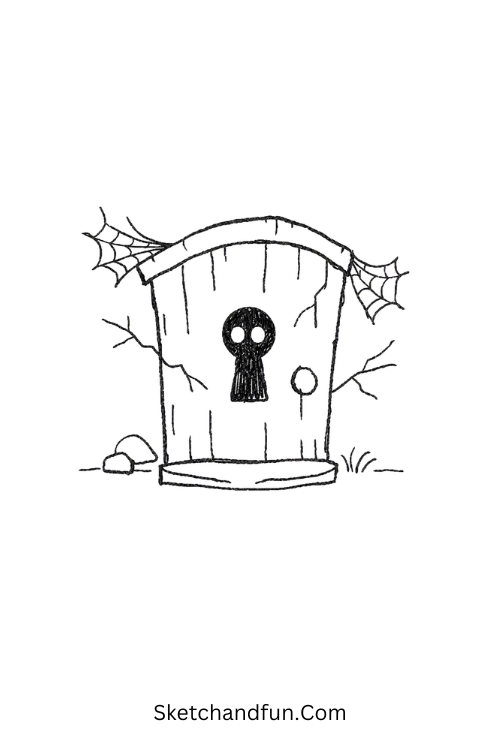 Creepy little door drawing with glowing eyes and spooky cobwebs