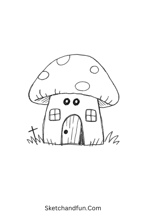 Creepy mushroom house drawing with glowing windows and tiny eyes