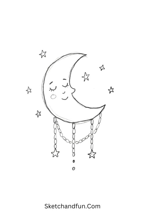 Crescent Moon Face Drawing with tiny stars