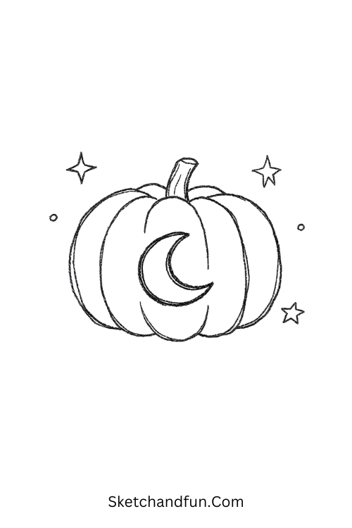 Dreamy pumpkin drawing with a crescent moon and tiny stars