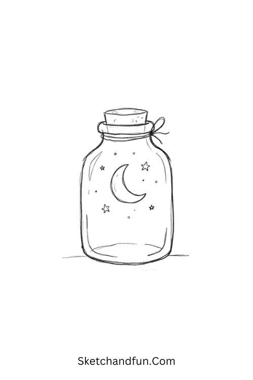 Crescent moon in a jar dark doodle drawing with tiny stars