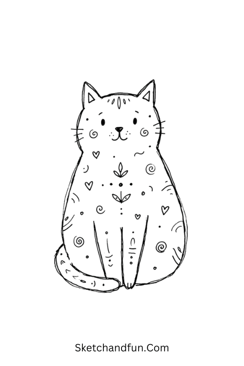 Cute cat Zen doodle with hearts, swirls, and dots