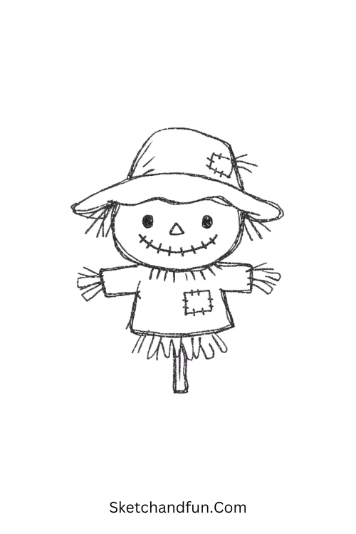 Cute scarecrow drawing with a floppy hat and stitched smile
