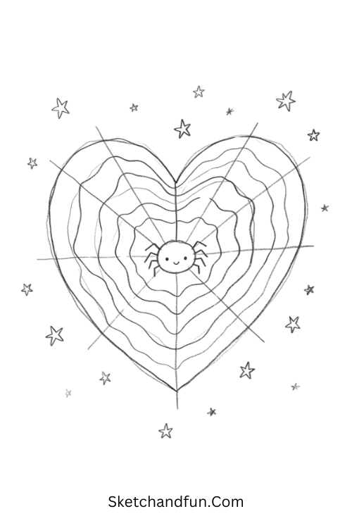 Cute Spider Web Drawing shaped like a heart
