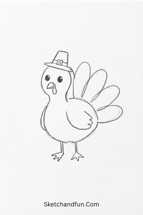 Cute turkey with a tiny hat Thanksgiving drawing