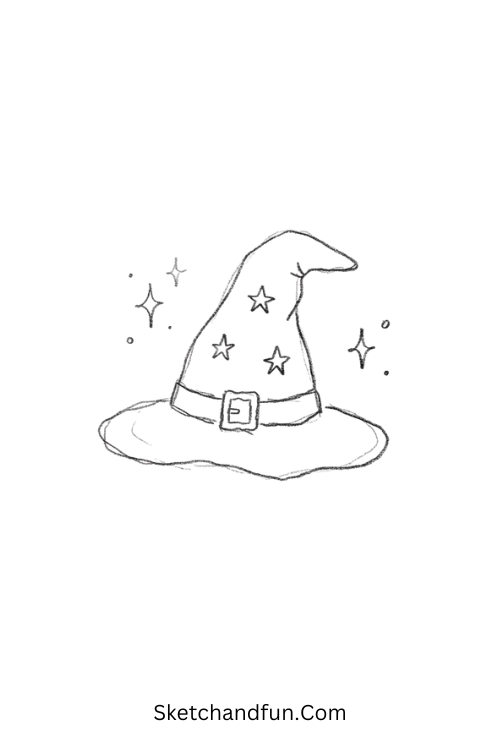 Cute Witch Hat Doodle Drawing with stars and a magical buckle