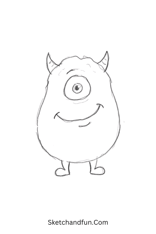 Cyclops monster with horns Halloween drawing and crooked smile