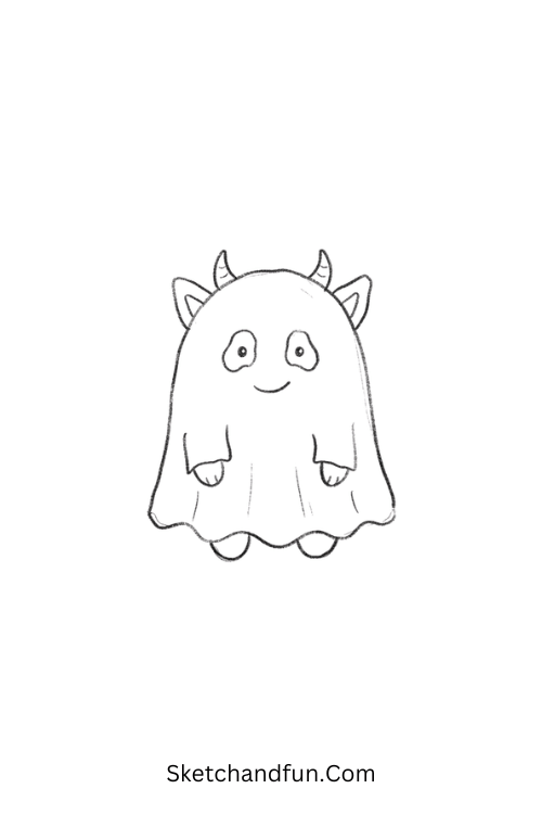 Cute monster wearing a ghost costume Halloween drawing
