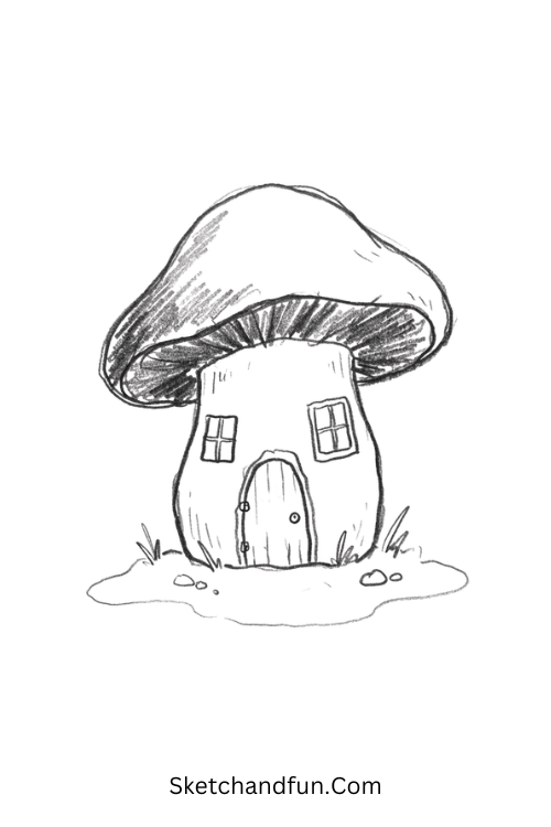 Dark mushroom house doodle drawing with tiny windows