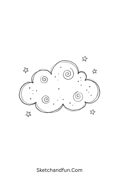 Dreamy cloud Zen doodle with spirals, dots, and stars