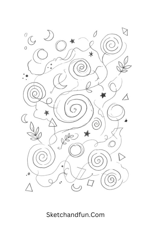 Dreamy tangled universe Zentangle abstract art drawing with spirals, stars, crescents, leaves, and geometric shapes